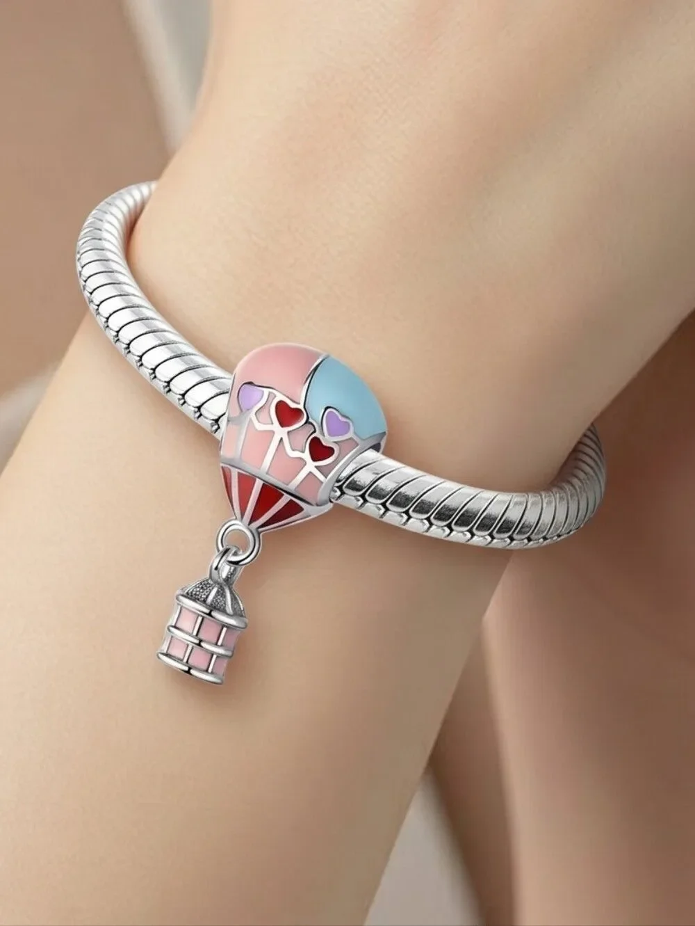 Hot Air Balloon Charm S925 Sterling Silver Pink Hearts Slide-On Bracelet Pendant